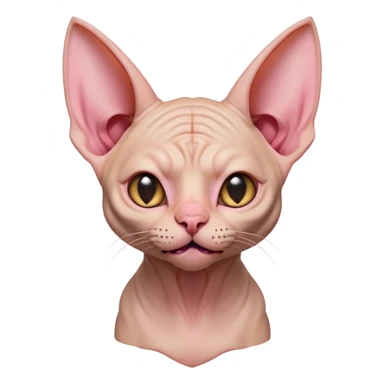 Cinematic Comical Sphynx Cat Portrait Emoji, Head tilted dramatically with an exaggeratedly shocked or offended expression, smooth, wrinkled skin in warm peach and pink hues, large bat-like ears perked up, piercing eyes widened in disbelief, Simplified yet hilariously expressive features, highly detailed, glowing with a slightly sassy glow, high shine, dramatic yet playful, stylized with an air of attitude, bright and endearing, soft glowing outline, capturing the essence of a sassy and over-the-top feline, so meme-worthy it feels like it could side-eye its way into internet fame instantly! sticker