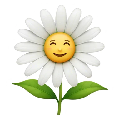 Cinematic Realistic Daisy Emoji, Cheerful and pure, with bright white petals surrounding a sunny yellow center, standing proudly atop a slender green stem. The soft, vibrant petals seem to radiate positivity, while a few green leaves frame the delicate flower. Soft glowing outline, capturing the essence of simplicity, innocence, and happiness in a single daisy. sticker