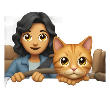 A man with black hair and a woman with light brown hair, along with an orange tabby cat, are traveling in a car. The man is on the driver's side, the cat is in the back seat, and the woman is sitting in the front passenger seat. sticker