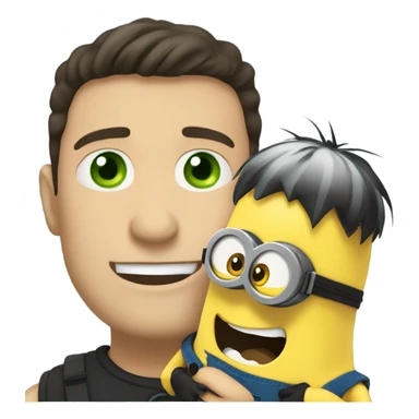 white male, black hair hugging and holding a minion with green eyes sticker
