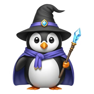 Penguin wearing a wizard hat and robe, holding a magic wand sticker