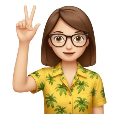 Hawaii female with white skin. Shoulder length straight brown hair. Brown eyes with glasses. Female wearing yellow Hawaiian print shirt. Women is making a hang loose sign with her left hand sticker