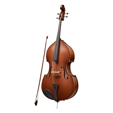 Create an elegant and detailed emoji representing a Gliga Gama double bass with bow. The design should showcase the large, sleek body of the double bass with its rich wood finish, including the characteristic curves and deep tone holes. The bow should be elegantly positioned next to the instrument, highlighting the hair and smooth wooden stick. Use warm wood tones like chestnut brown for the body of the bass, silver accents for the fittings, and dark brown for the bow. Add subtle musical notes or sound waves flowing from the bass to represent its deep, resonant sound. The background should be transparent. sticker