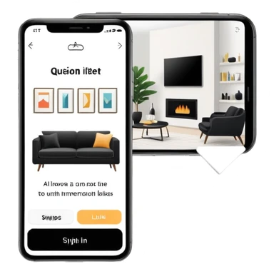 smartphone with interior design style quiz app showing swipe left and right arrows between modern and traditional living room styles sticker