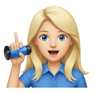 blue eyes blonde girl yelling into megaphone and holding up 1 finger in the other hand smiling long hair sticker