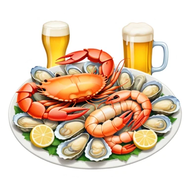 Qingdao seafood with beer, simplified emoji style with bold outlines and bright colors, cartoon style Chinese seafood platter with yellow beer sticker