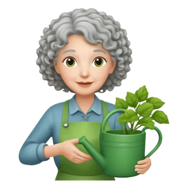Older female florist – curly hair, hold garden watering pot sticker