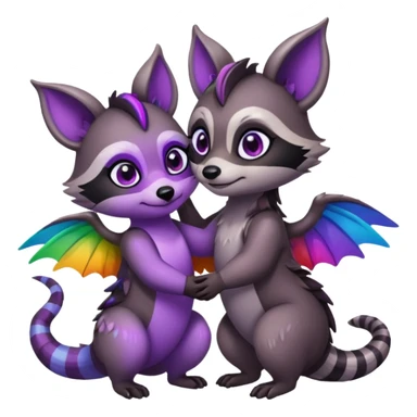2 black female raccoon dragon hybrids with rainbow colored wings and purple eyes hugging sticker