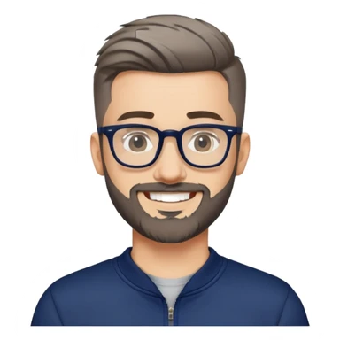 Fair-skinned man with fade haircut (extremely short on sides, slightly longer on top), short salt and pepper beard, large black-framed glasses, smiling, wearing navy blue long sleeve zip sweatshirt sticker