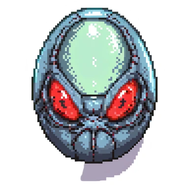 a strange large transparent alien egg, floating inside with a visible creature inside, embryo, embryonic, fetal shape, primordial, early growth, 3 glowing red eyes, illuminated from above, shining glass egg sticker
