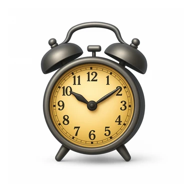 Create an alarm clock emoji that looks exactly like the reference image in iOS emoji style. The emoji should be 3D with shiny, smooth gradients, soft shadows, and a realistic classic alarm clock shape with the classic emoji look. Add a soft shadow under the clock. sticker