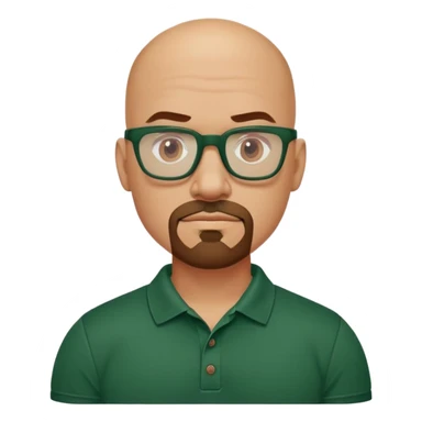 muscular bald man with a red chin goatee, wearing a dark green polo shirt and dark green glasses sticker