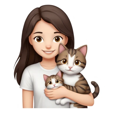 a girl with long dark brown hair, in a
white T-shirt and brown eyes, smile, hugs a tabby
dark grey and white strips one cat sticker