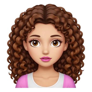 white girl with long voluminous dark brown curly hair with caramel highlights wearing a white top. Blush on the cheeks and big eyelashes and a brown-pink lip combo  sticker
