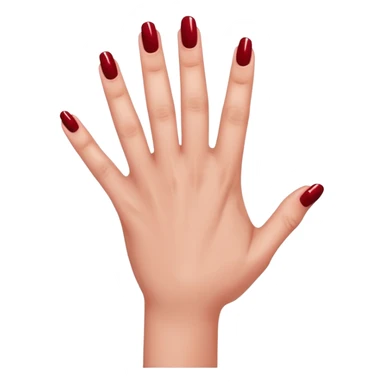 left hand of a woman with all five fingers painted in dark red nail polish, glossy finish, deep saturated red, smooth gradient, minimal details, clean and shiny
 sticker