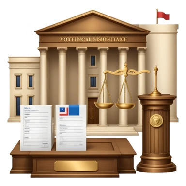 An icon featuring a ballot box with a voting paper, a government building with columns, and a scale of justice, symbolizing political science. The design includes a world map in the background, representing global political systems. Transparent background highlights governance and civic studies. sticker