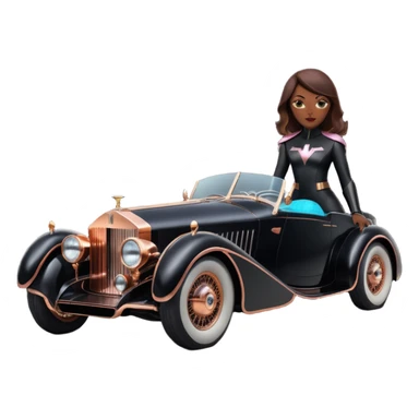 Batgirl Dark black Bare bones streamlined sporty (stripped down) hot rodded engine rose gold sports car 1932 Rolls Royce Woody futuristic electric spaceship plasma neon glowing motors and lightening dynamos with wide racing wheels that are held strong by advanced suspension and steering sticker