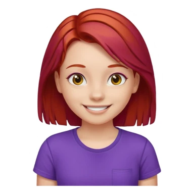 Young girl with red hair, wearing a purple T-shirt, with a smiling face sticker