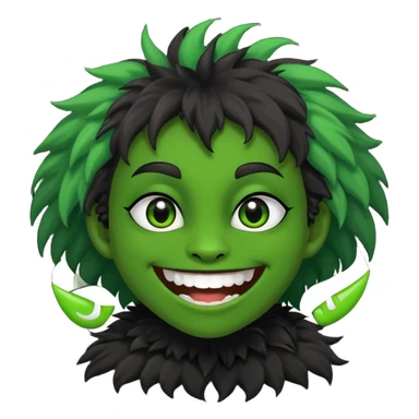 A bald person with green sclera and green teeth, grinning widely. Has fluffy black neck fur, with a fluffy black body sticker