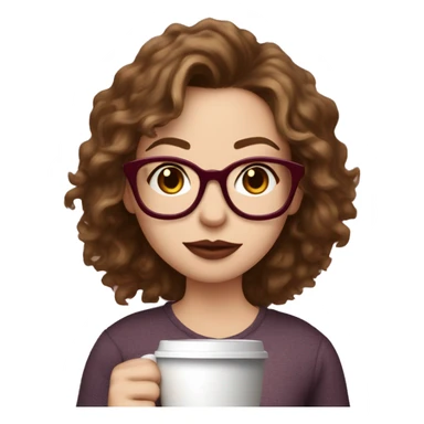 white girl with dark blonde messy hair, freckles on cheeks and nose, wearing burgundy glasses, holding coffee, wearing shirt that says "mom life" sticker