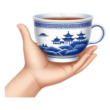 hand holding a traditional Chinese blue and white porcelain tea cup without handle sticker