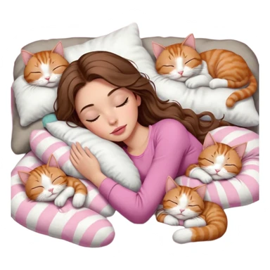 girl with long wavy brown hair, brown eyes, long lashes makeup, sexy pink lips, light to medium complexion,  sleeping on a cozy pillow, with 6 cats: 1 brown and white tabby cat, 1 ginger and white, 2 grey and white, 1 grey with white mittens and small white patch on chest and 1 calico, sleeping sticker