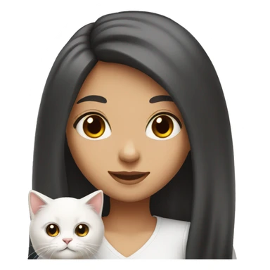 Emoji girl black long hair, brown eyes with white fluffy cat  sticker