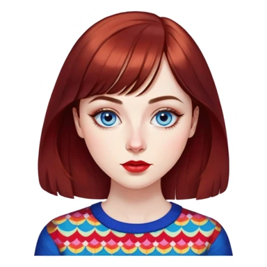 Artistic young woman with pale skin, oval face, large expressive blue eyes with eyeliner, thin arched eyebrows, small nose, full lips with red lipstick, dark auburn hair that's straight with slight waves at ends, straight bangs, wearing a bright colorful patterned top, warm creative expression sticker