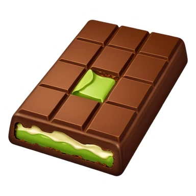 a half-eaten chocolate bar. chocolate filling - pistachio paste green sticker