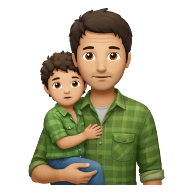 A father with messy medium-length dark hair and light stubble, wearing a green flannel shirt. He holds his one child who has short curly brown hair and a cream-colored romper. Cozy warm lighting, authentic family moment. sticker