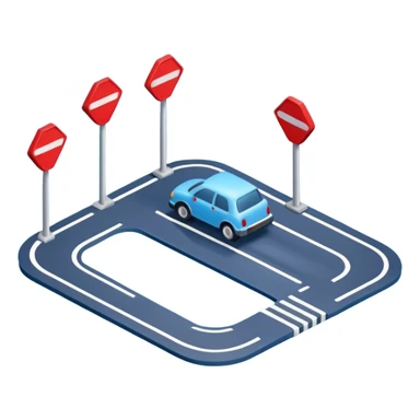 
A 3D minimal icon showing a street route to a destination with a single vehicle, a blue road, and small red accents for alerts. The style is clean, minimal 3D, with a transparent background. sticker