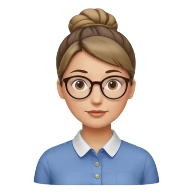 femme de 38 ans avec des cheveux blond foncé sans mèche devant, un chignon haut, yeux bruns, lunettes rondes, visage ovale sticker