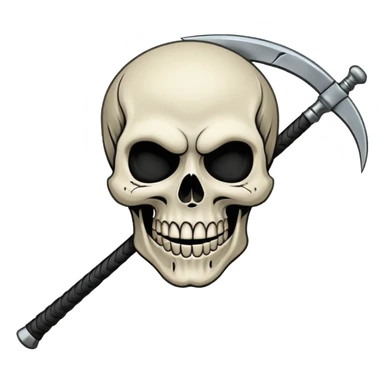 A laughing skull with a scythe crossed behind it, one eye socket winking. Clean, stylized lines, flat vector. Medieval woodcut style. Black and white with one accent color (tarnished silver). No background. sticker