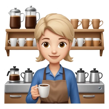 cute barista portrait, head and shoulders only, wearing apron, coffee shop uniform, friendly smile, holding a small coffee cup, 3D cartoon, mobile game icon style, clean background, no text, no watermark
 sticker