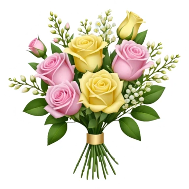 A mixed bouquet of four flowers, featuring pink roses and yellow lisianthus. sticker