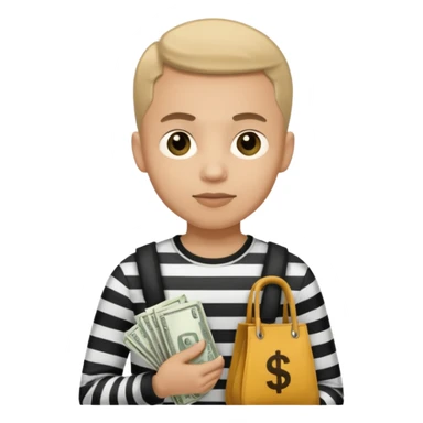 Un ladrón con camisa de rayas blancas y negras mirando hacia la frente con una bolsa de dinero  sticker