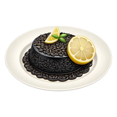 cinematic-realistic-black-risotto-dish,-showcasing-dramatic-lighting in a white plate with a single slice of grilled lemon on top sticker