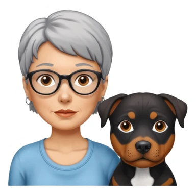 ONE Pit bull Rottweiler mix with white muzzle and spots on muzzle next to ONE older woman with really short grey hair and brown eyes sticker