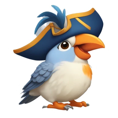 Blue Cockatiel, blushy cheeks, orange feathers on top, headshot, very happy, wearing a pirate hat sticker