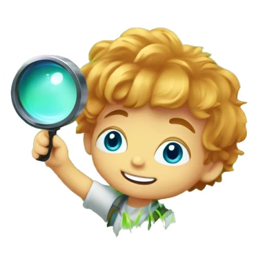 Little boy with blue/turquoise eyes, no glasses, and strawberryblonde wavy hair crouching down low in a lot of green grass. He is holding a magnifying glass, closely examining nature and looking happy/curious sticker