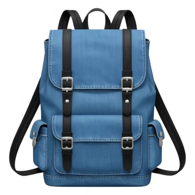 Minimalist emoji-style icon of a stylish blue denim backpack with a flap top, two vertical black buckle straps,and two zipper side pockets. Inspired by Tommy Jeans design. 

 sticker