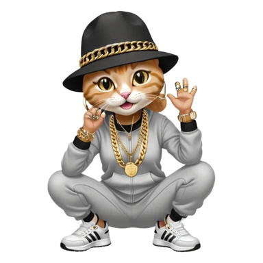 female cat wearing Run DMC hip-hop outfit with tracksuit, fedora, Adidas sneakers, many gold chains, rings, bracelets, flashy earrings, laughing and looking up, no sunglasses sticker