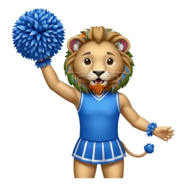 Lion wearing a blue and white cheer uniform with blue and whit Pom Poms cheering sticker