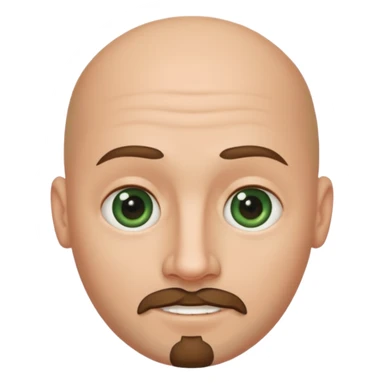 white caucasian bald man's face, with brown goatee and dark green eyes, oval face, rounded, big, little eyes a small smile sticker