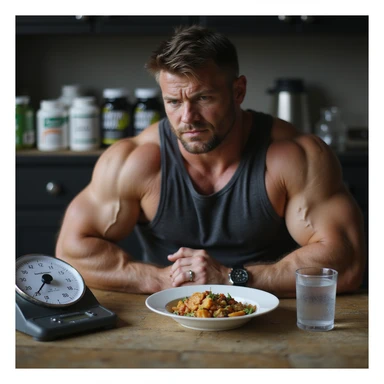 realistic muscular bodybuilder man in gym clothes sitting at a table with a kitchen scale and a small plate with minimal food portions. Next to the plate, a phone app with visible text 'Dieta ipocalorica'. Serious expression, looking at the plate. Background with supplements and water. sticker