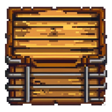 Flat 2D wooden crate with metal reinforcements, color #c2410c with darker wood grain, visible wood grain texture, metal bands across the crate, no perspective, flat 2D appearance, breakable look, simple warning symbol, 32x32 pixels sticker