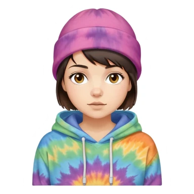 very short haired brunette girl with an Ohio beanie on and a tiedye hoodie sticker