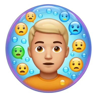 Realistic emoji-style man trapped inside a glowing filter bubble. The bubble contains identical social media icons and repeating content symbols. Outside the bubble are colorful diverse icons he cannot see. The man looks comfortable but unaware, expressing narrow perspective. sticker