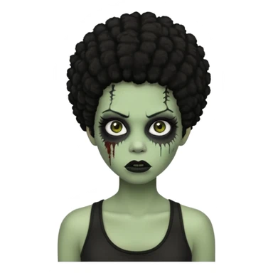 a female zombie with sage green skin, black afro hair, eyelashes and a black tank top sticker