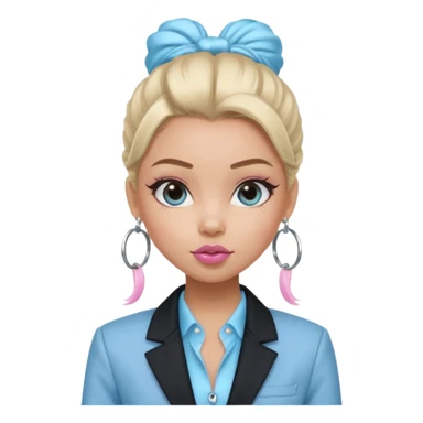 generate a pretty bratz girl wearing a light blue full sleeve shirt, silver small hoops, pink lipgloss, black blazer, hair tied up sticker